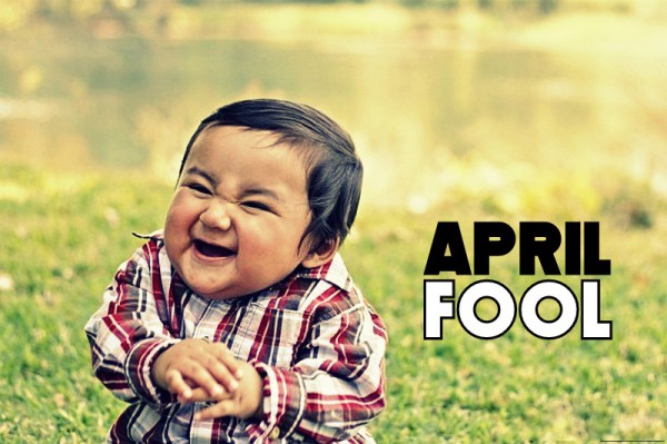 April Fool text written next to a baby laughing