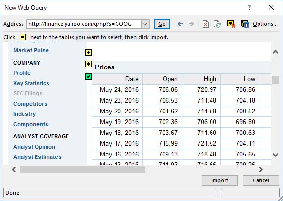 excel web scraping