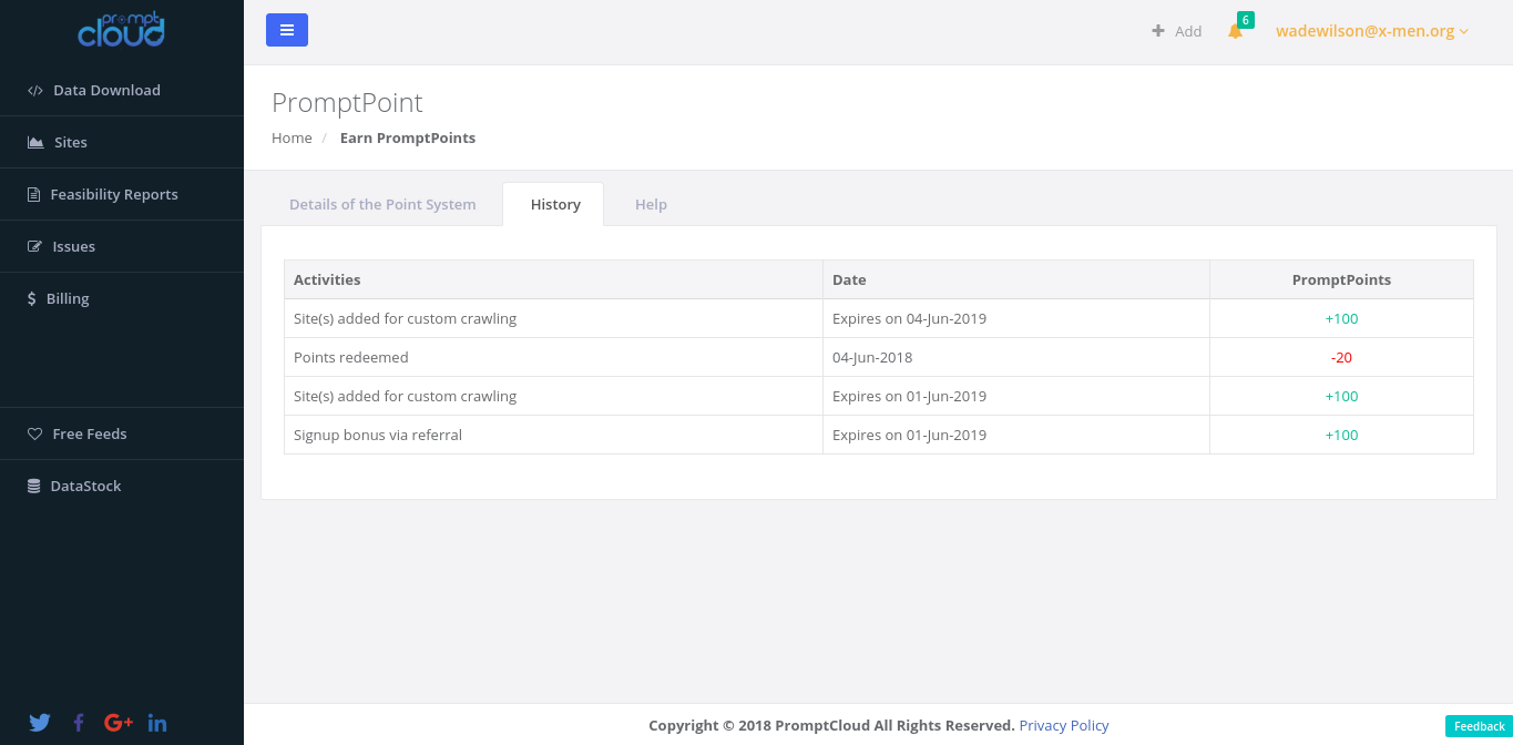 Dashboard of PromptPoints for getting rewards on acquiring web data