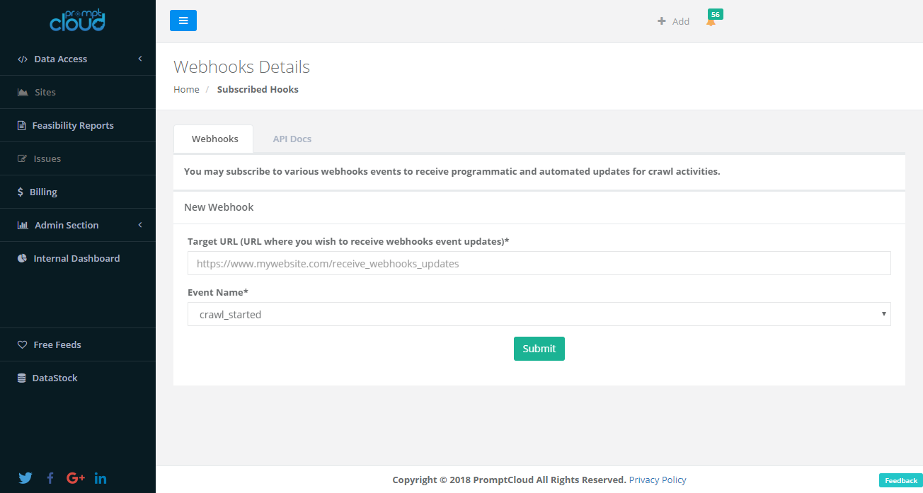 Dashboard of Promptcloud's Webhooks to Receive Crawl Event Updates and Automate Data Processes