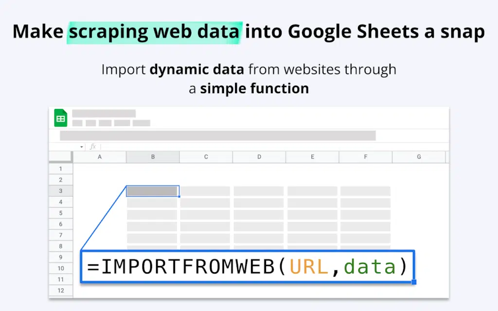 Screenshot of IMPORTFROMWEB add-on in Google Sheets extracting a Yahoo Finance table dataset.