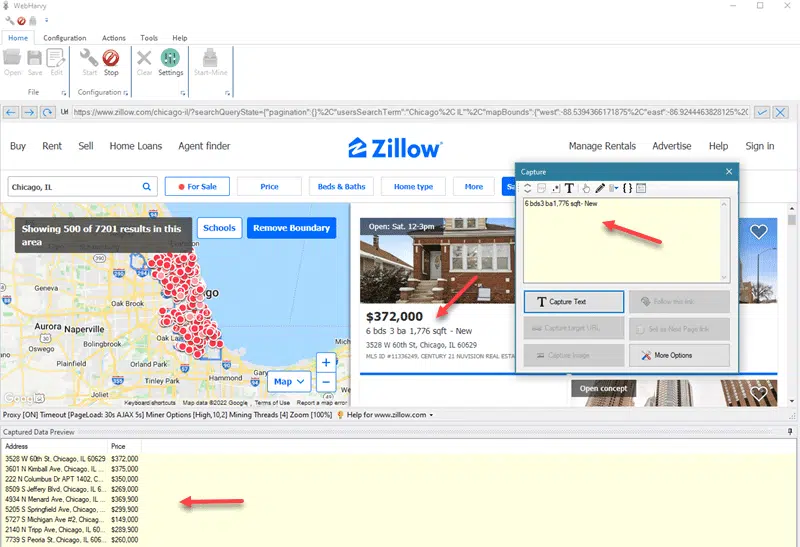 Screenshot of a Zillow data scraping workflow using a visual extraction tool, showing property listing fields and structured output.