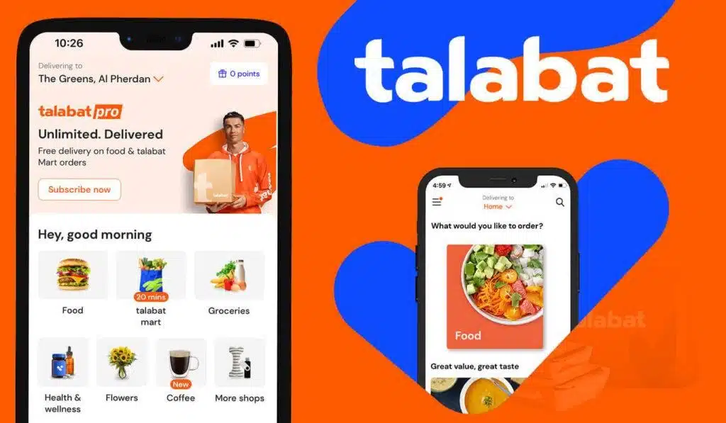 Talabat mobile app interface showing product listings, pricing, and delivery options.