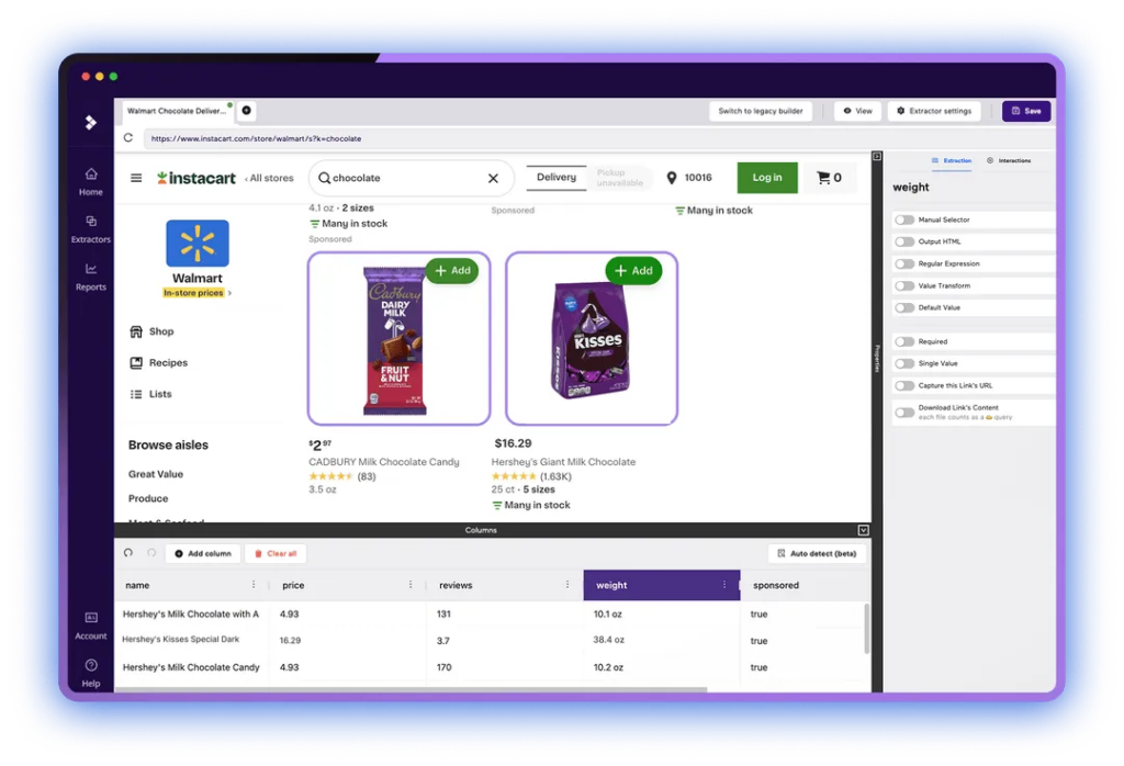 Import.io enterprise scraping dashboard showing automated data workflow and structured API delivery.