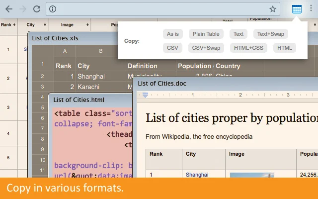 CopyTables Chrome extension copying visible HTML table data directly into Excel spreadsheet format.