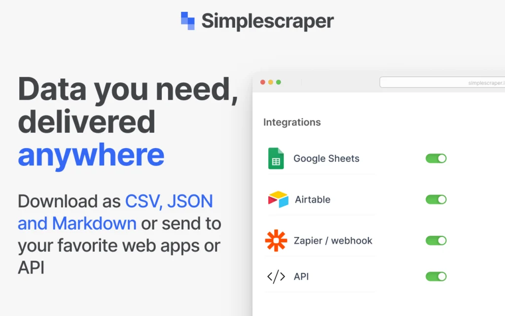 Simplescraper Chrome extension dashboard showing lightweight batch data extraction across multiple pages.