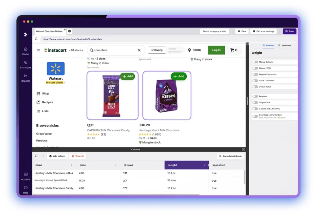 Import.io enterprise scraping dashboard showing automated data workflow and structured API delivery.