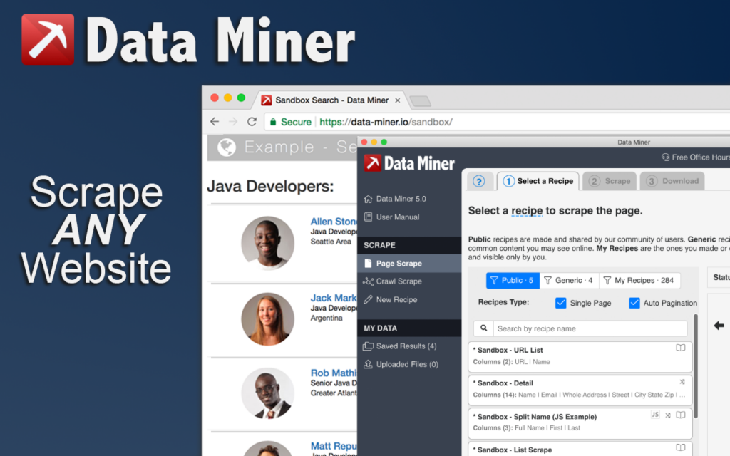 Data Miner Chrome extension interface with reusable scraping templates and recipe selection panel.