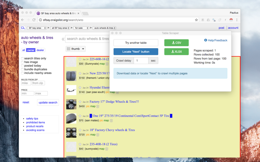 Instant Data Scraper Chrome extension auto-detecting repeating product blocks and exporting to CSV.