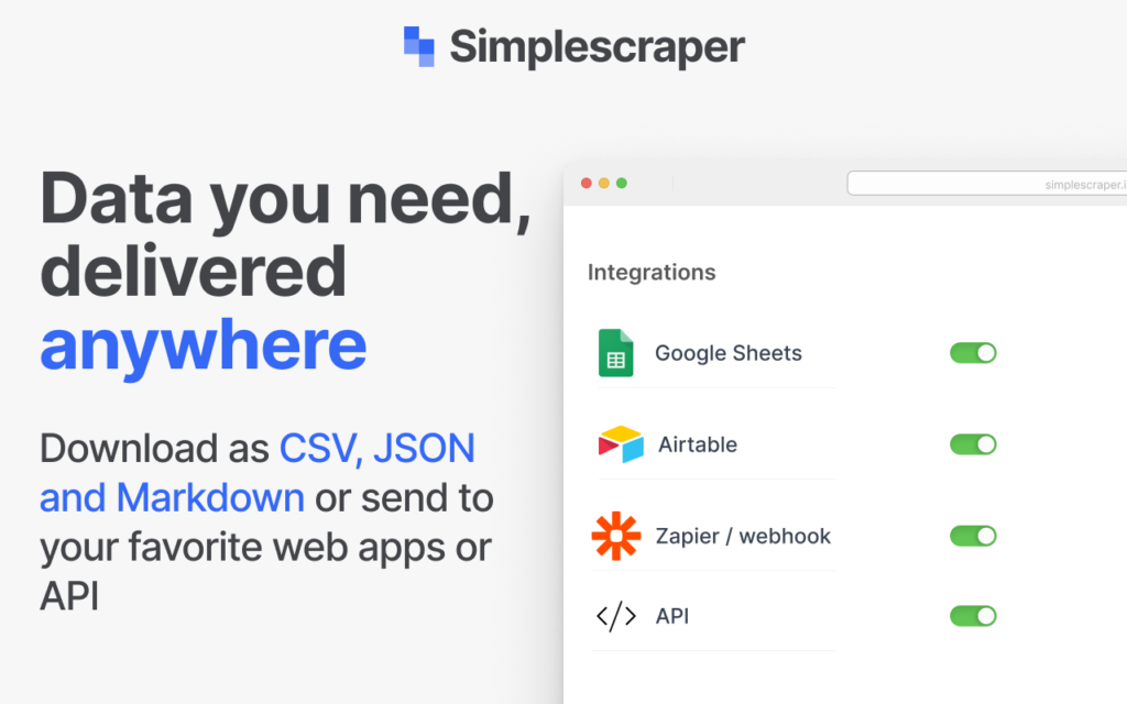 Simplescraper Chrome extension dashboard showing lightweight batch data extraction across multiple pages.