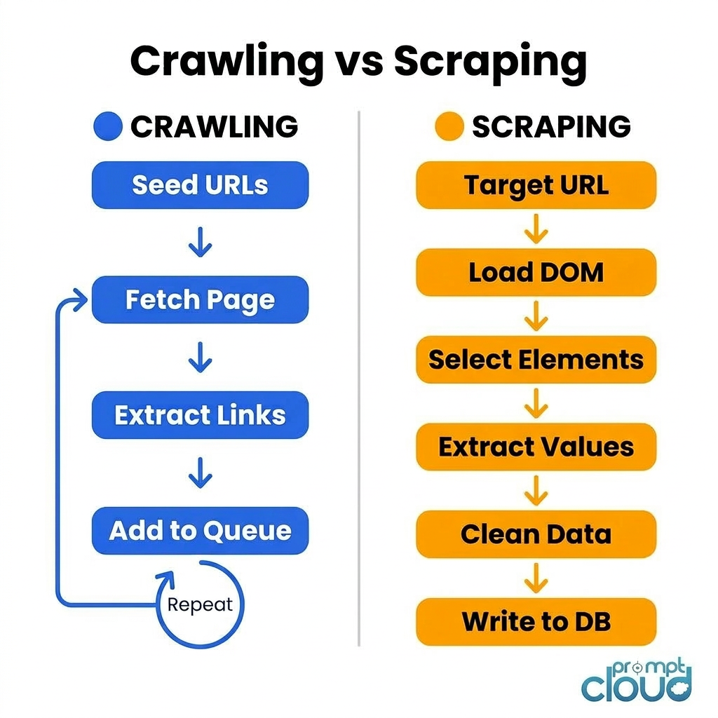 Side-by-side flow diagram comparing the crawling and scraping processes by PromptCloud.