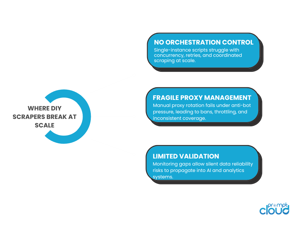 Structural gaps that expose DIY web scraper limitations in business-critical environments.